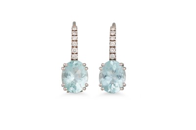Lot 364 - A PAIR OF AQUAMARINE AND DIAMOND EARRINGS, the...
