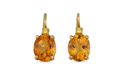Lot 366 - A PAIR OF CITRINE AND DIAMOND DROP EARRINGS,...