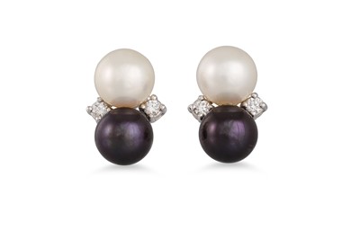 Lot 371 - A PAIR OF PEARL AND DIAMOND EARRINGS, each set...