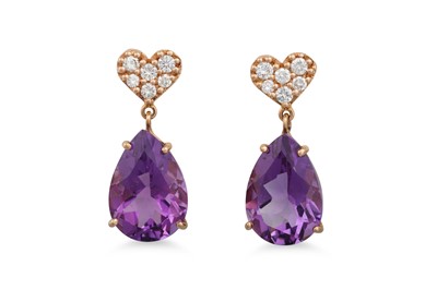 Lot 372 - A PAIR OF AMETHYST AND DIAMOND DROP EARRING,...