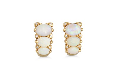 Lot 382 - A PAIR OF THREE STONE OPAL AND DIAMOND...