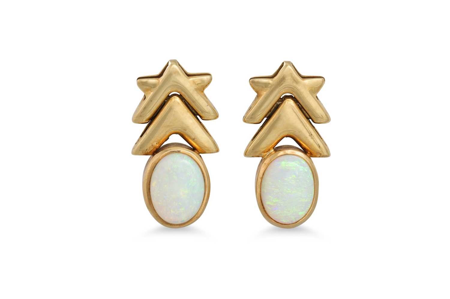 Lot 383 - A PAIR OF OPAL DROP EARRINGS, the oval opals...