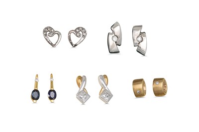 Lot 192 - FIVE PAIRS OF DIAMOND AND GEM SET EARRINGS,...