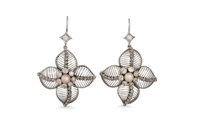 Lot 406 - A PAIR OF PEARL AND DIAMOND DROP EARRINGS, the...