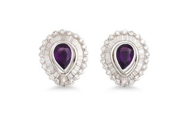Lot 450 - A PAIR OF AMETHYST AND DIAMOND CLUSTER...