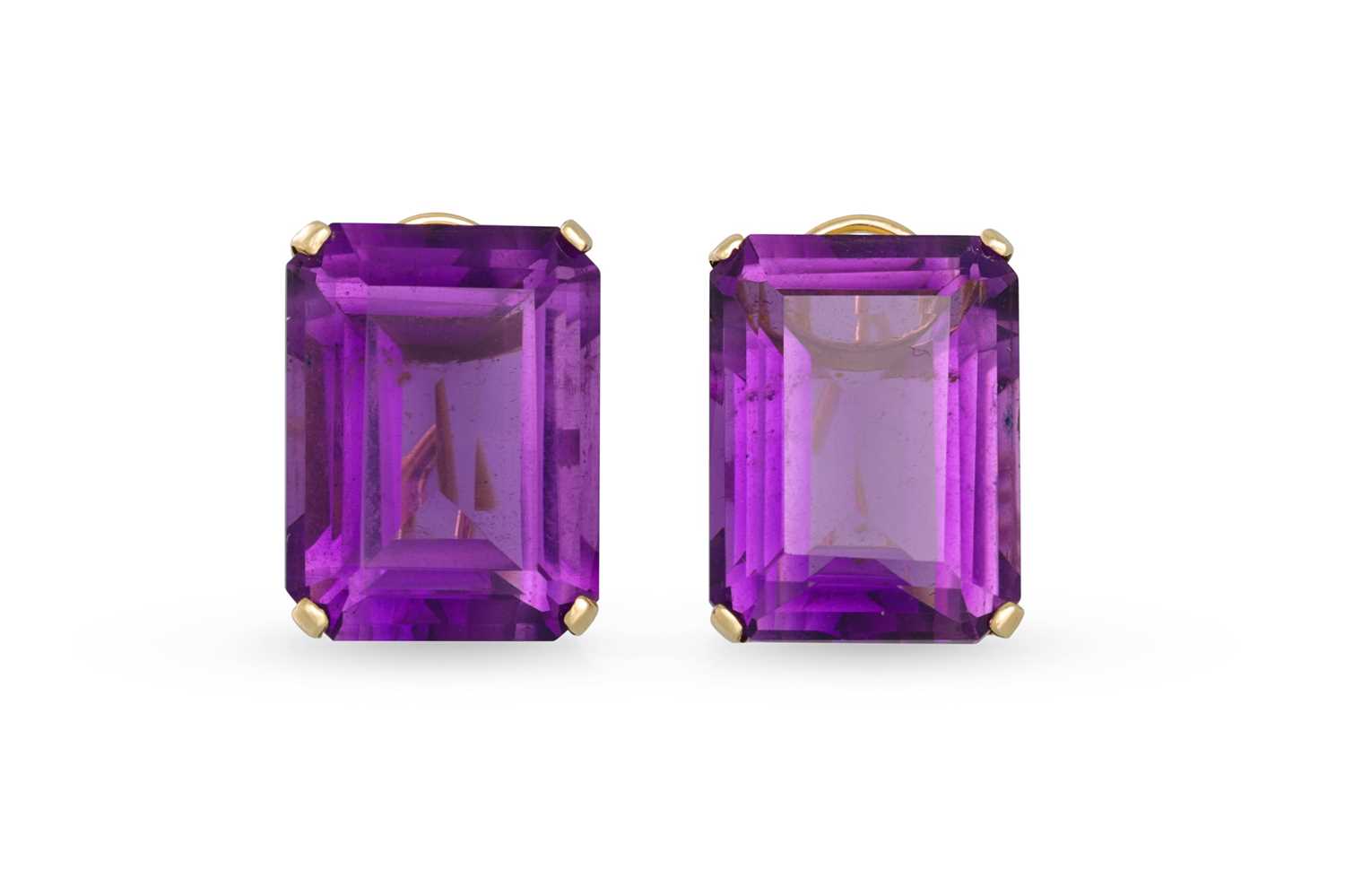 Lot 76 - A PAIR OF AMETHYST EARRINGS, set with...