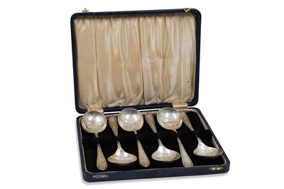Lot 548 - A PRE-WAR CASED SET OF SIX SILVER SOUP SPOONS,...