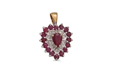 Lot 312 - A RUBY AND DIAMOND CLUSTER PENDANT, heart...