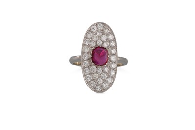 Lot 230 - A DIAMOND AND RUBY CLUSTER RING, boat shaped,...