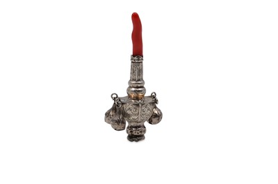 Lot 545 - A VICTORIAN SILVER CORAL MOUNTED BABY'S RATTLE