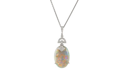 Lot 418 - AN OPAL AND DIAMOND PENDANT ON CHAIN, the...