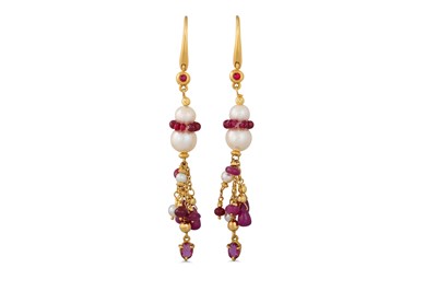 Lot 156 - A PAIR OF RUBY AND PEARL DROP EARRINGS, of...