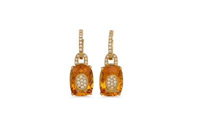 Lot 201 - A PAIR OF CITRINE AND DIAMOND EARRINGS, the...