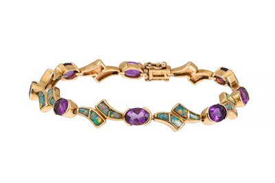 Lot 65 - AN AMETHYST AND SYNTHETIC OPAL BRACELET,...