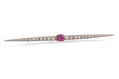 Lot 159 - A DIAMOND AND RUBY BAR BROOCH, the oval ruby...