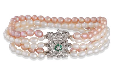 Lot 163 - A FIVE ROWED SEED PEARL BRACELET, with diamond...