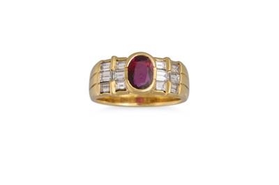 Lot 225 - A VINTAGE DIAMOND AND RUBY RING, the oval ruby...