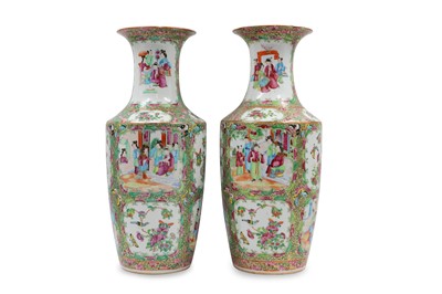 Lot 585 - A PAIR OF CANTONESE PORCELAIN BALUSTER VASES...