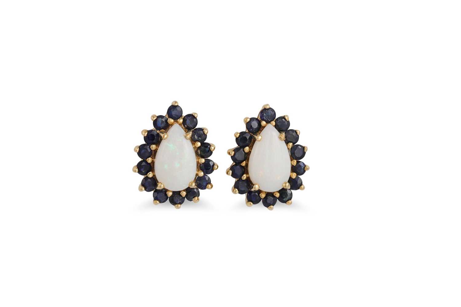 Lot 21 - A PAIR OF OPAL AND SAPPHIRE CLUSTER EARRINGS,...