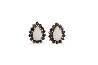 Lot 21 - A PAIR OF OPAL AND SAPPHIRE CLUSTER EARRINGS,...