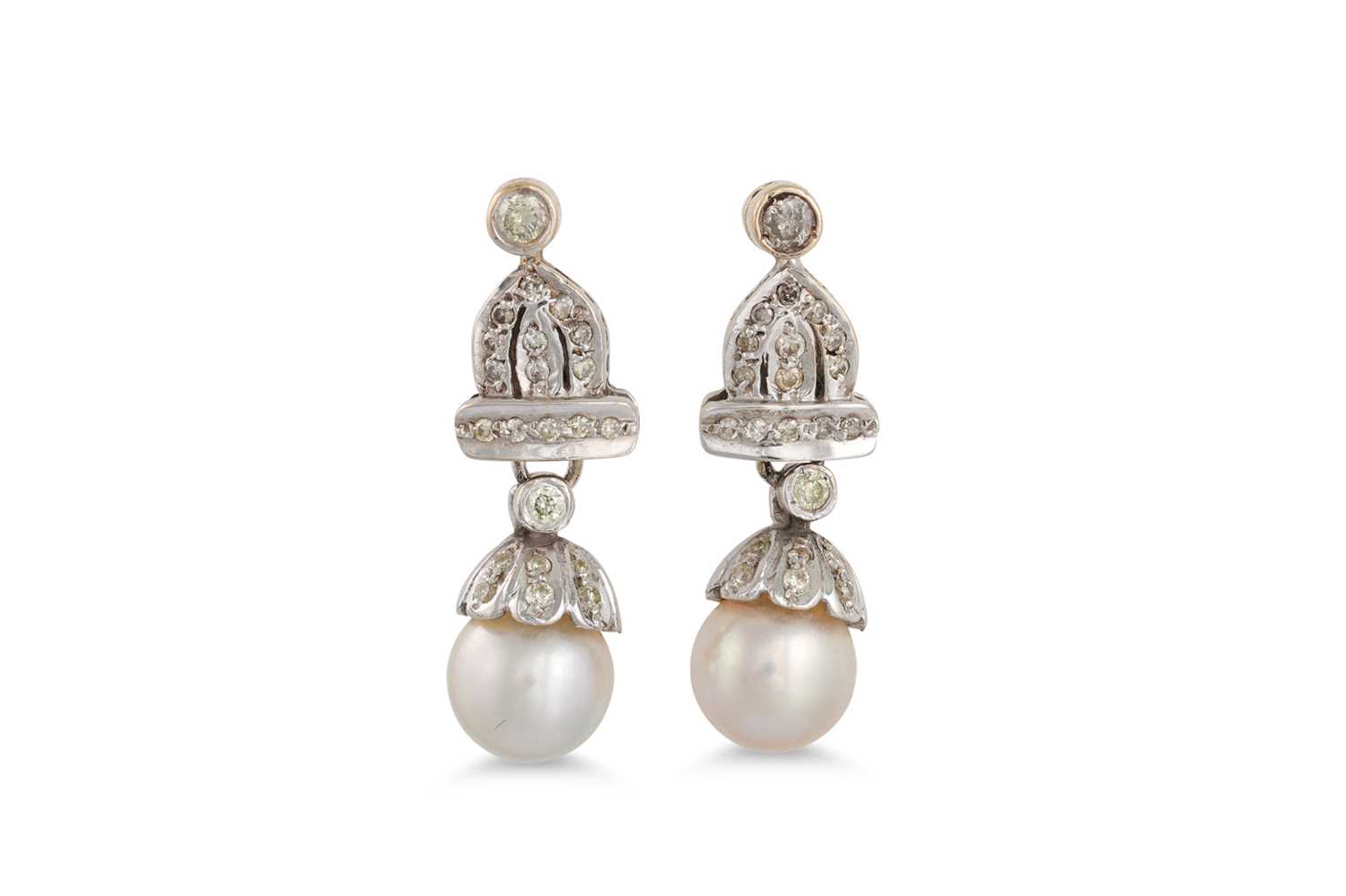 Lot 28 - A PAIR OF DIAMOND AND PEARL DROP EARRINGS, the...