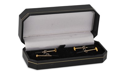 Lot 83 - A PAIR OF 18CT GOLD AND ENAMEL CUFFLINKS, in...