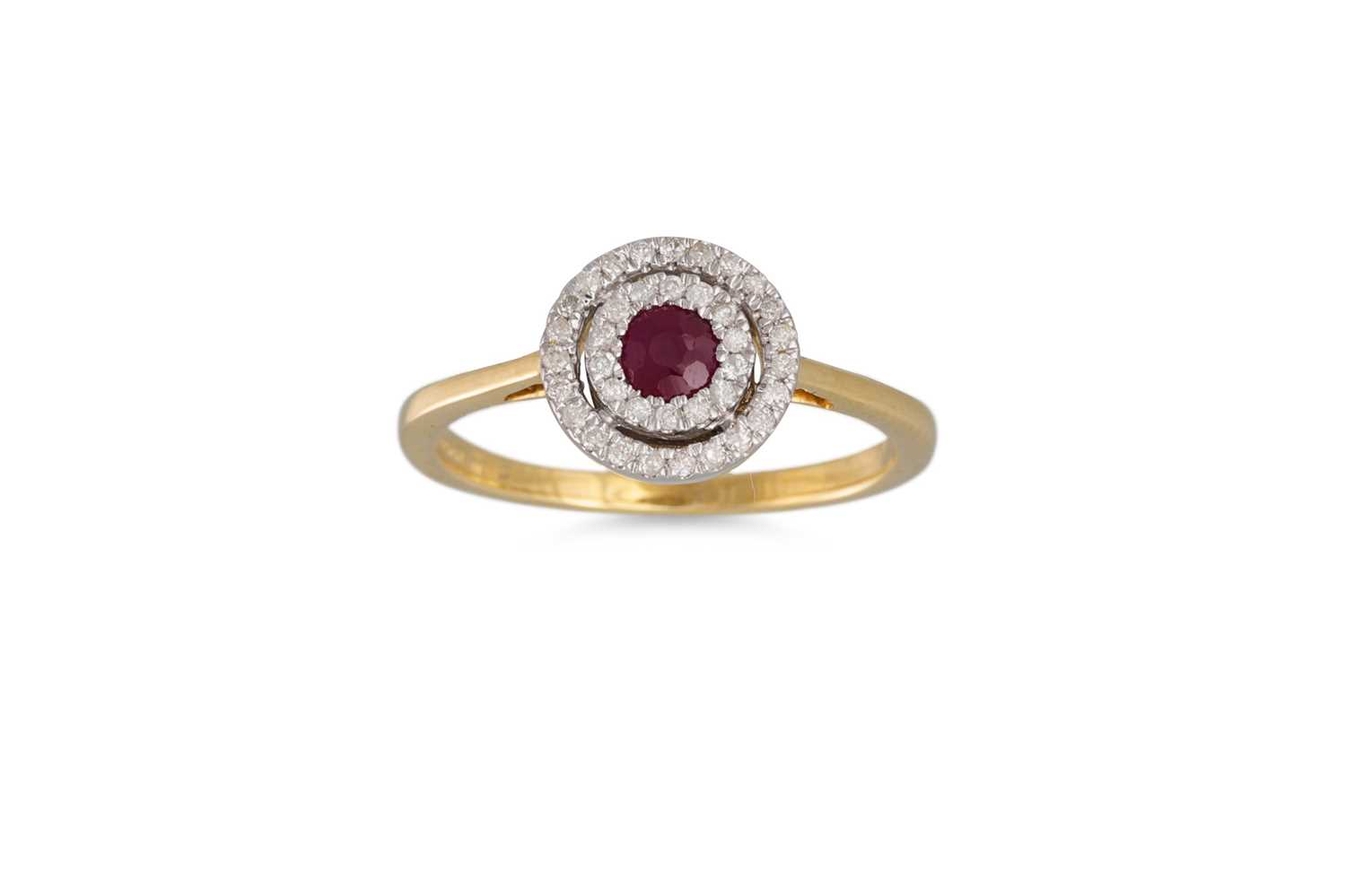 Lot 92 - A DIAMOND AND RUBY TARGET RING, mounted in...