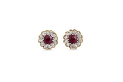 Lot 96 - A PAIR OF DIAMOND AND RUBY CLUSTER EARRINGS,...
