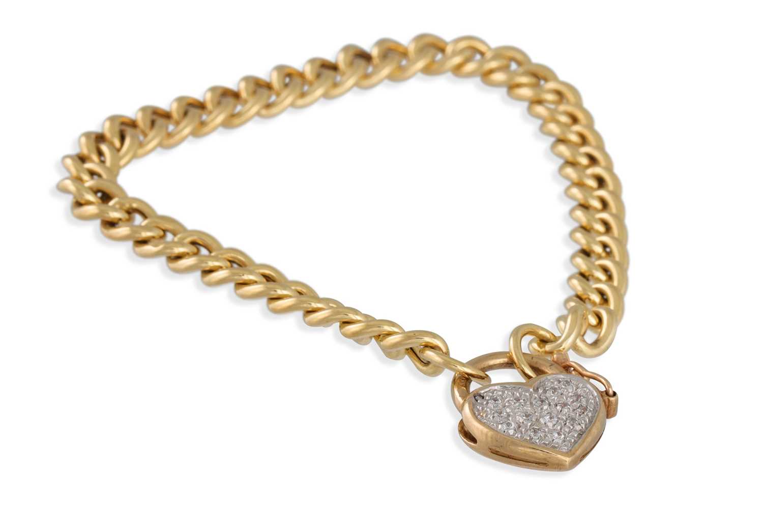 Lot 104 - A 9CT GOLD CURB LINK BRACELET, the heart...