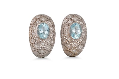 Lot 322 - A PAIR OF AQUAMARINE AND DIAMOND EARRINGS, the...