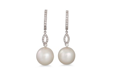 Lot 325 - A PAIR OF PEARL AND DIAMOND EARRINGS, the...