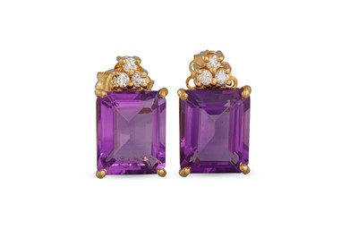 Lot 332 - A PAIR OF AMETHYST AND DIAMOND EARRINGS, the...