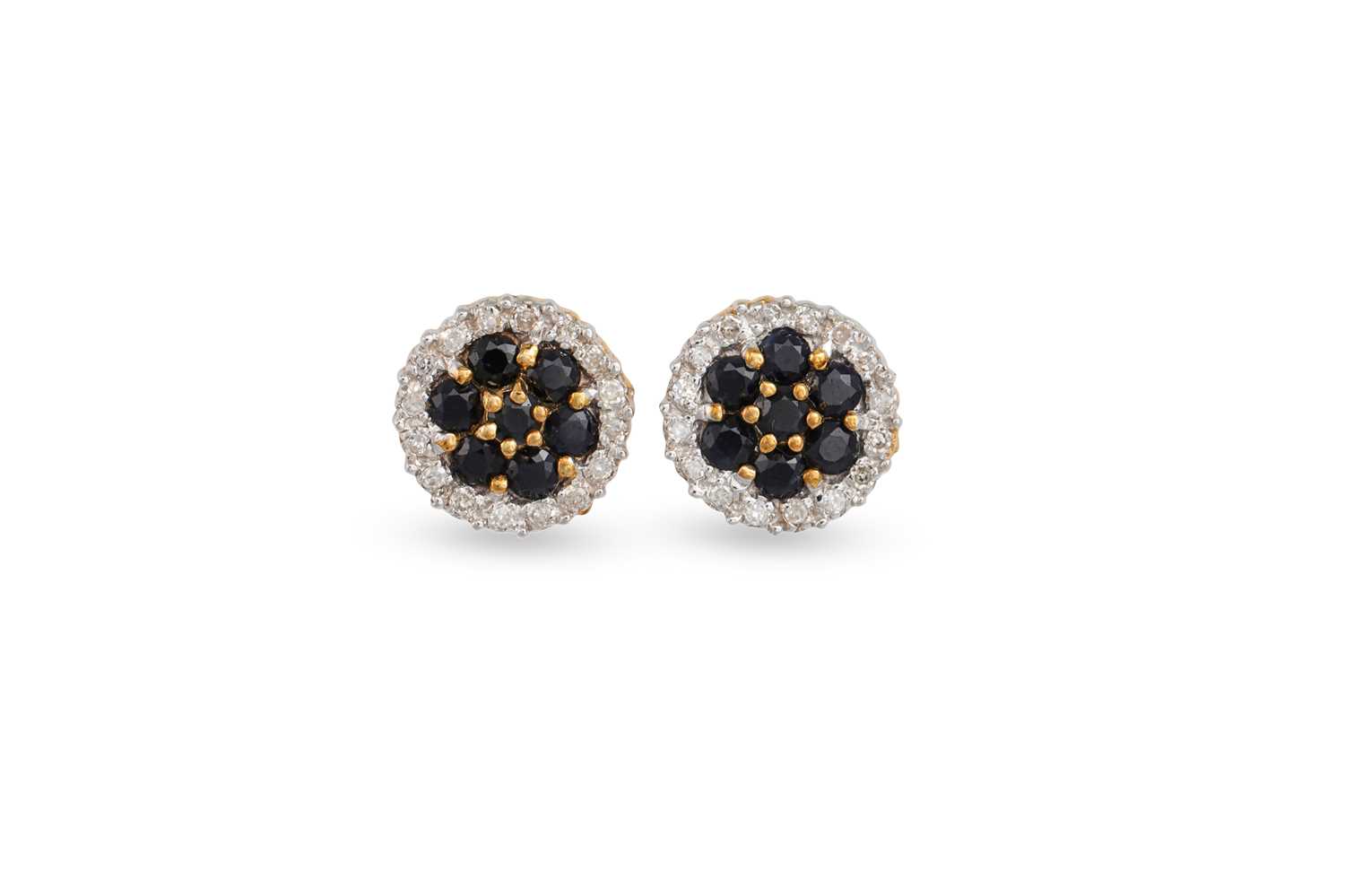 Lot 23 - A PAIR OF DIAMOND AND SAPPHIRE CLUSTER...
