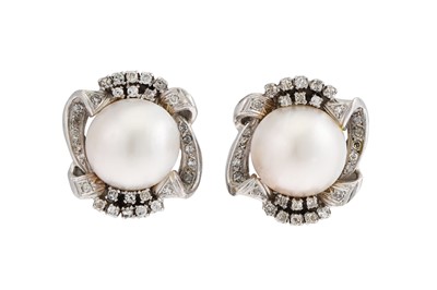 Lot 174 - A PAIR OF PEARL AND DIAMOND EARRINGS, the...