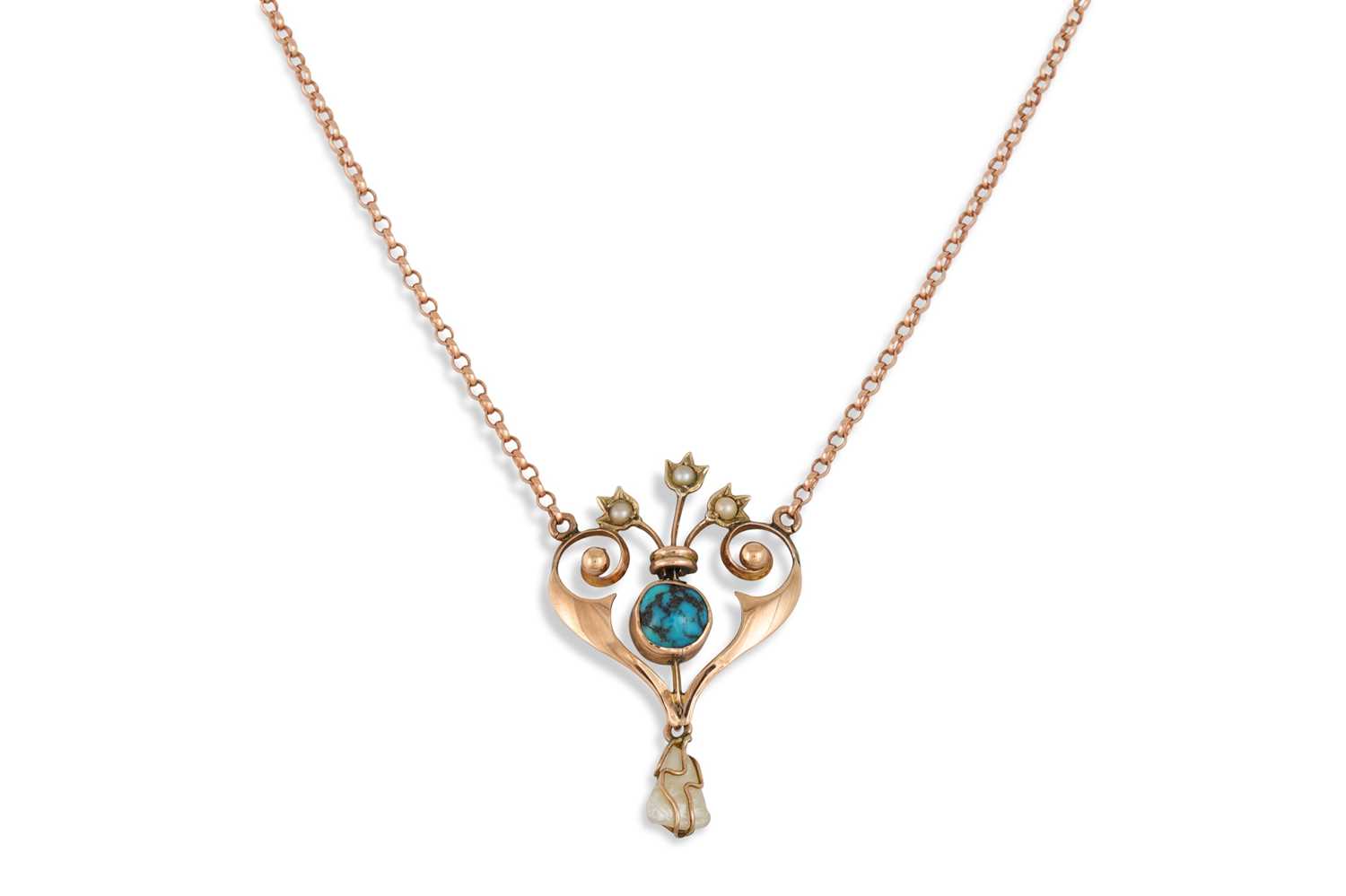 Lot 43 - AN ART NOUVEAU TURQUOISE AND PEARL DROP...