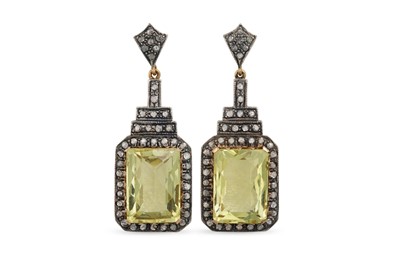 Lot 434 - A PAIR OF DIAMOND AND CITRINE CLUSTER DROP...