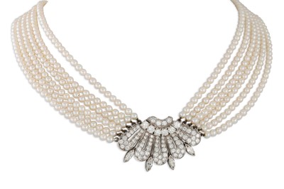 Lot 382 - A VINTAGE SIX STRANDED PEARL NECKLACE, to a...