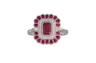 Lot 85 - A DIAMOND AND RUBY CLUSTER PLAQUE RING, the...