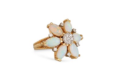 Lot 343 - AN OPAL AND DIAMOND CLUSTER RING, the marquise...