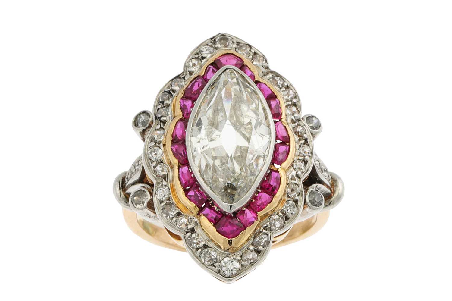 Lot 275 - A DIAMOND AND RUBY NAVETTE SHAPED CLUSTER RING,...