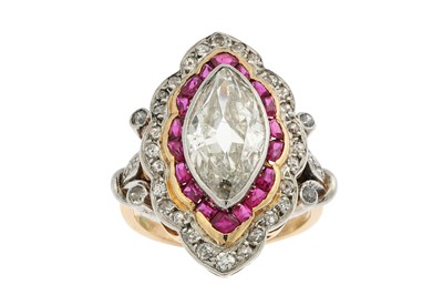 Lot 400 - A DIAMOND AND RUBY NAVETTE SHAPED CLUSTER RING,...