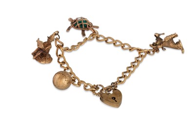 Lot 10 - A 9CT GOLD CHARM BRACELET AND PADLOCK, with...