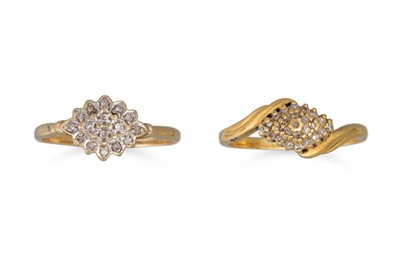 Lot 388 - TWO DIAMOND CLUSTER RINGS, mounted in 9ct gold....