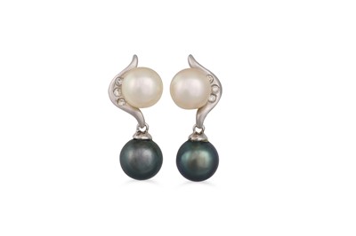 Lot 216 - A PAIR OF PEARL AND DIAMOND EARRINGS, set with...