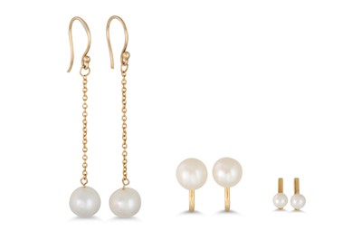 Lot 51 - THREE PAIRS OF PEARL SET EARRINGS, mounted in...