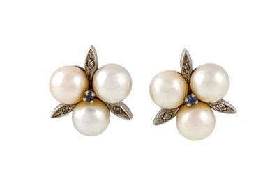 Lot 374 - A PAIR OF PEARL, SAPPHIRE AND DIAMOND CLUSTER...