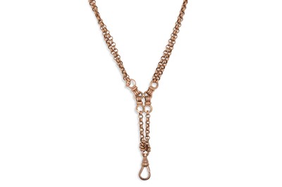 Lot 186 - A 9CT ROSE GOLD MUFF CHAIN, set with fancy...