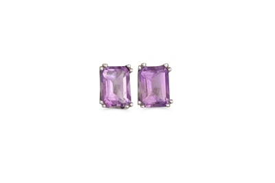 Lot 98 - A PAIR OF AMETHYST EARRINGS, mounted in 9ct gold