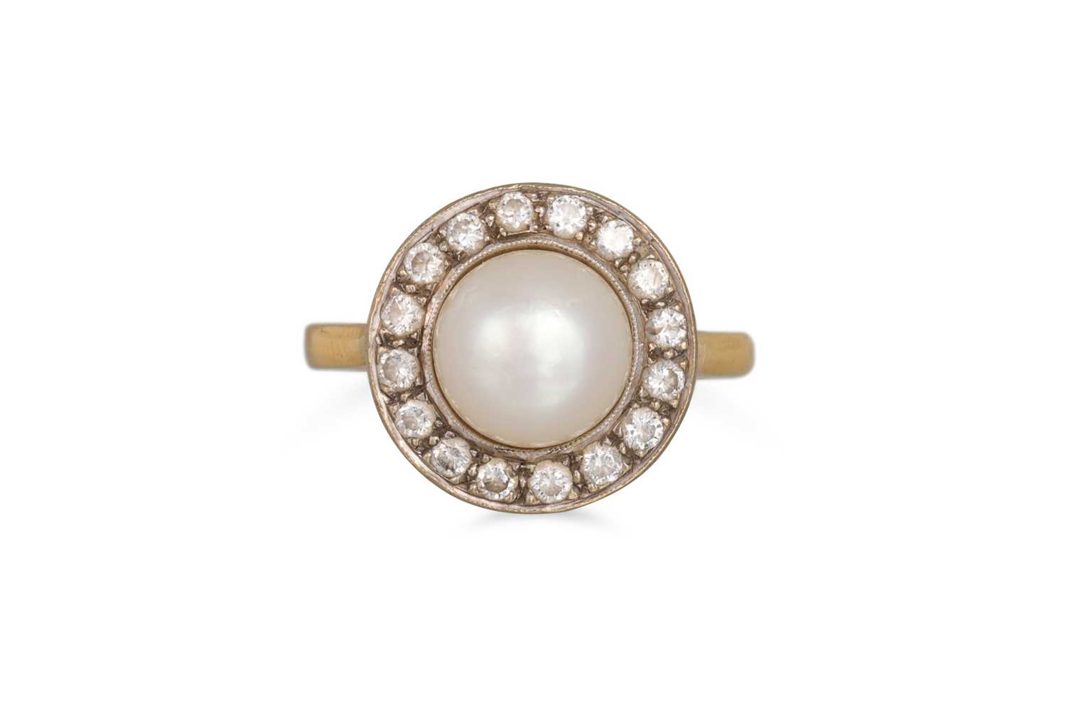 Lot 65 - A PEARL AND DIAMOND CLUSTER RING, mounted in...