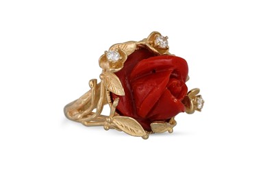 Lot 262 - A CORAL AND DIAMOND RING, the carved coral...